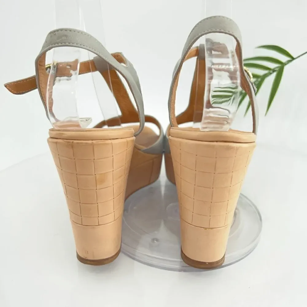 Pomme D'or Sandals Women's Size 39 8 Blue Gray Leather T-Strap Platform Wedge - Picture 9 of 16